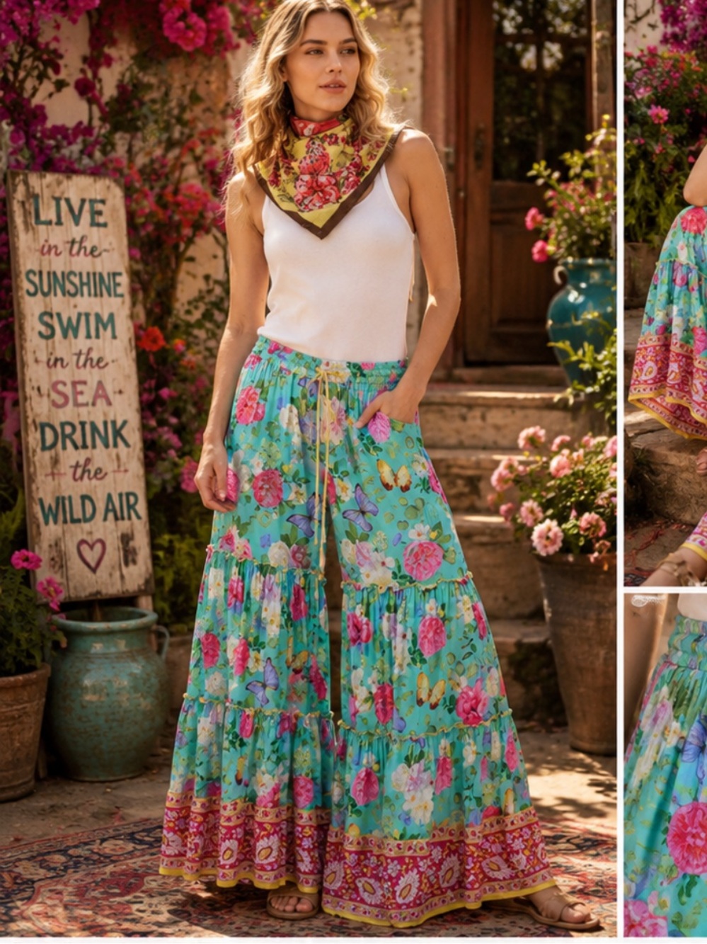 🆕 Aratta SERENITY SPRINGS PANTS Floral Bohemian Wide-Leg Pants